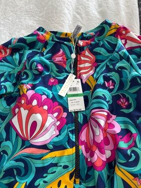 Trina Turk Teal Navy Floral Zip-Front One-Piece with Pink & Yellow Accents